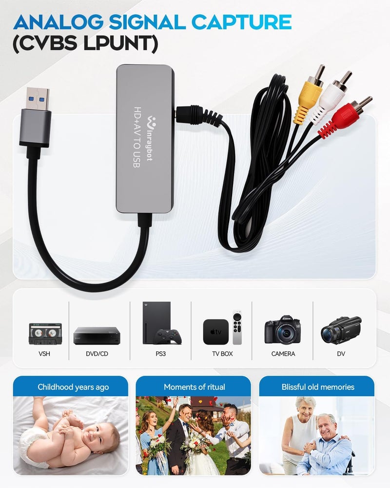 WinRaybot USB Video Capture Adapter, VHS to Digital Converter,Video Capture Card for VHS,RCA,HI9,hdmi for Video Streaming Convert VHS/DVD to Digital Format, RCA/S-Video/HDMI Input Optimized Version - Image 2